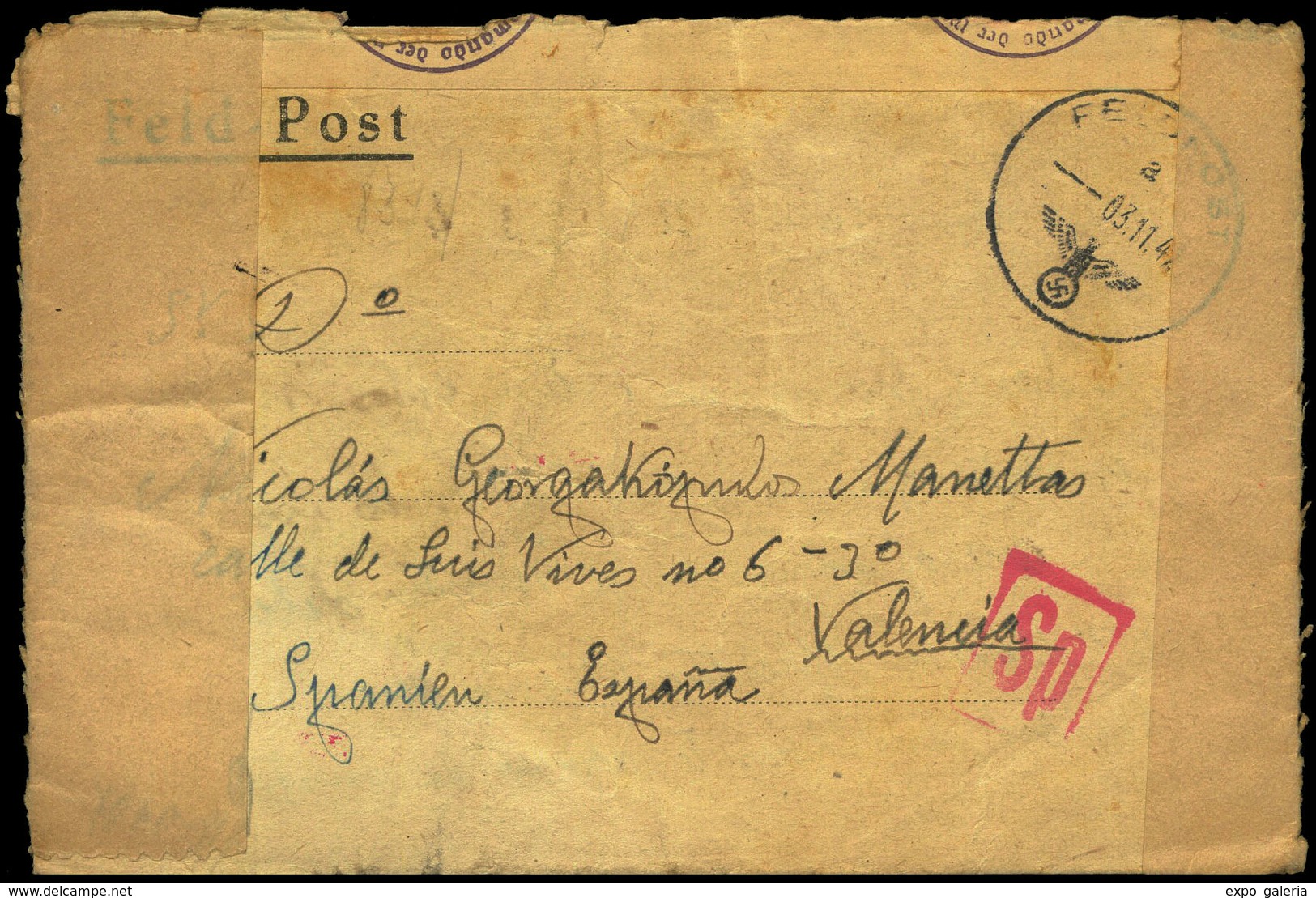 2/XI/42 De Rusia A Valencia. Feldpost 26341C “250 Rgto. Artilleria. 4ª División” + Marca “SP” Color Rojo Y Pequeña - Lettres & Documents