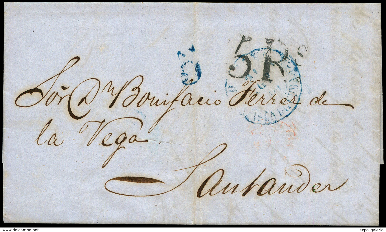 PE 12II 1854. Carta Entera Cda A Santander (doble Marca Porteo En Cuba Y En España).Lujo. - Cuba (1874-1898)