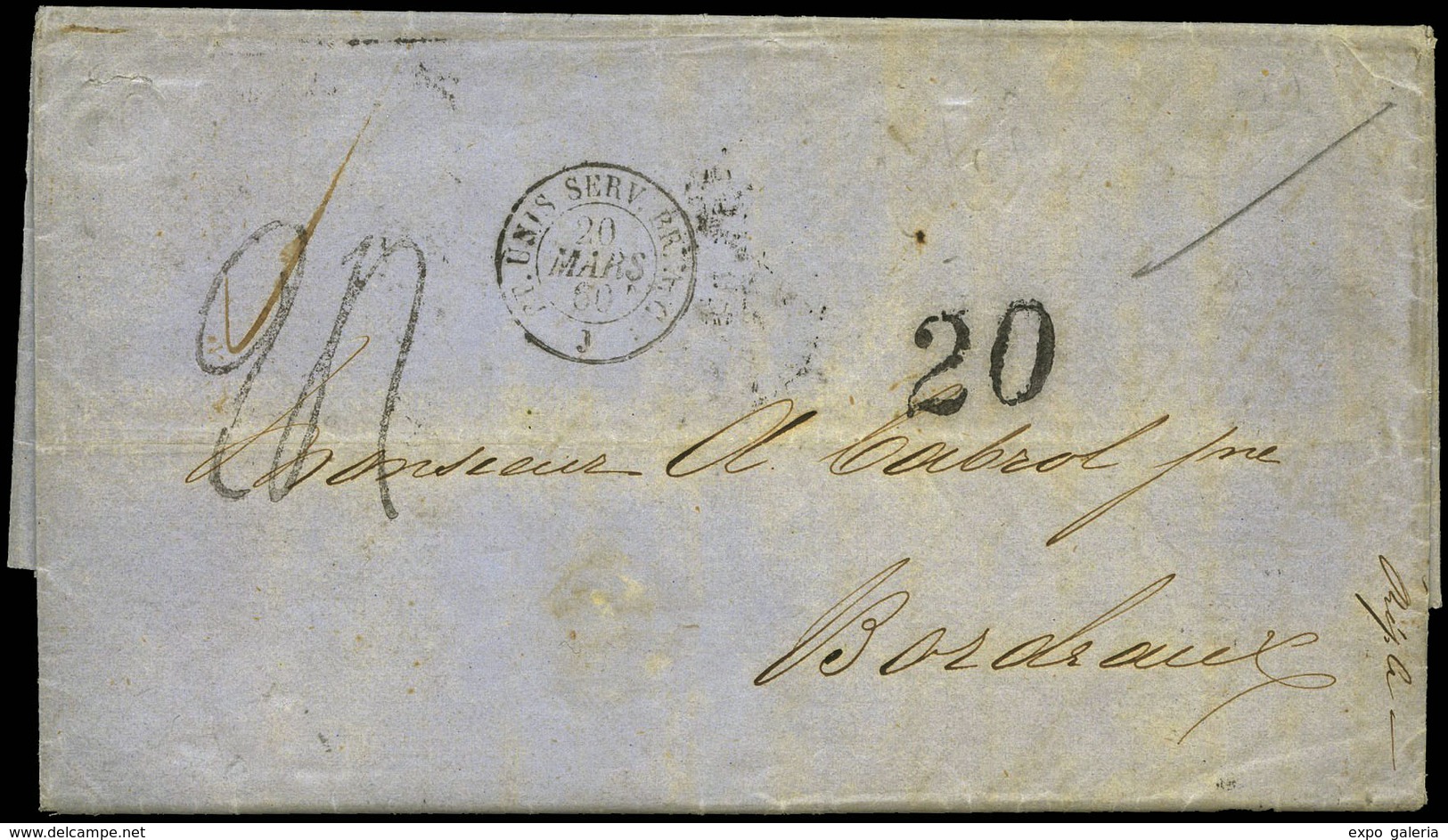 1860. Carta Entera Cda De La Habana A Burdeos Con Mat. Fechador De Los Correos Franceses “Et Unis…" - Cuba (1874-1898)