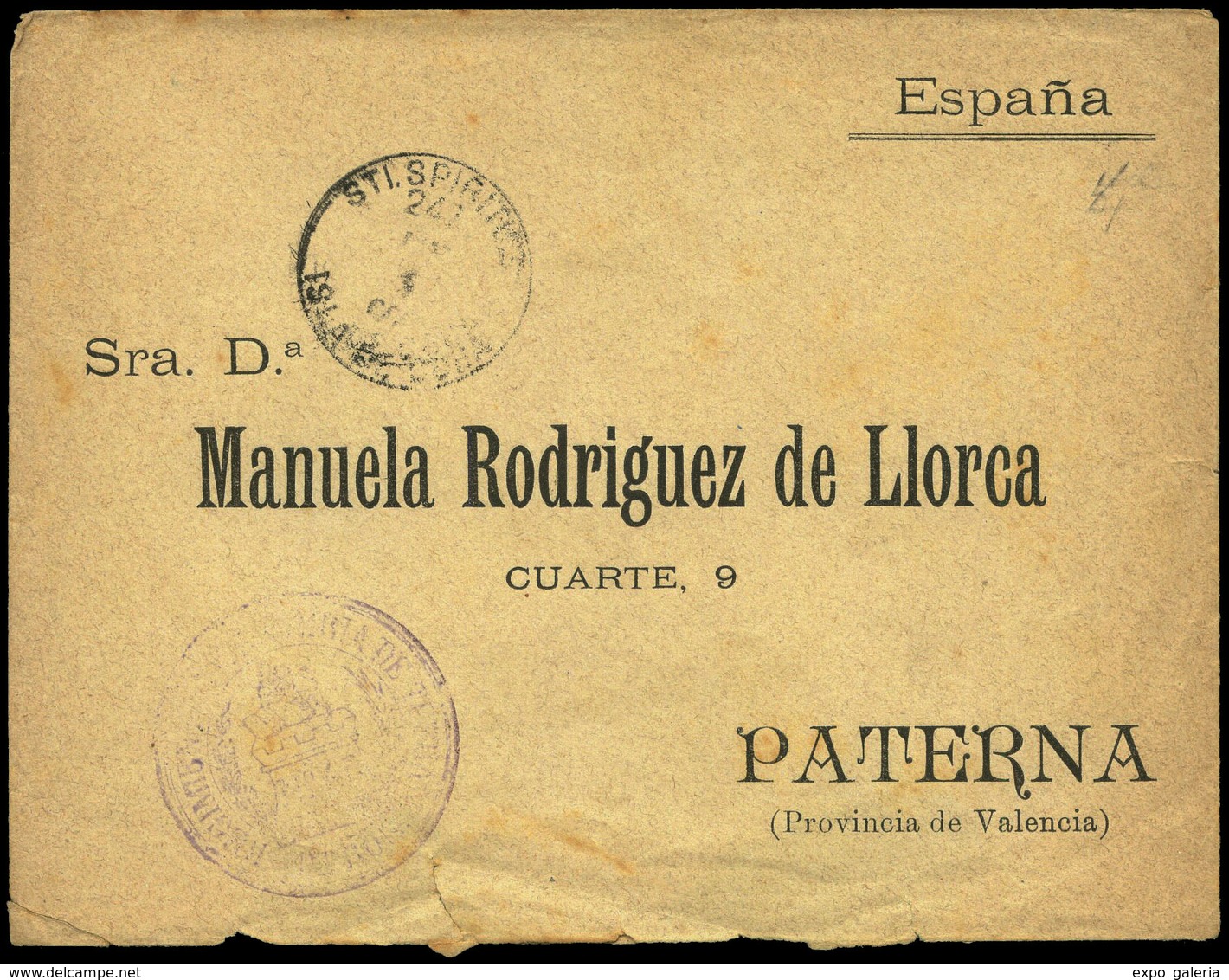 1898. Guerra De Cuba. Carta Cda De Cuba A Paterna (Valencia) Con Fechador “Sti. Spiritus” + Marca Franquicia Militar - Cuba (1874-1898)