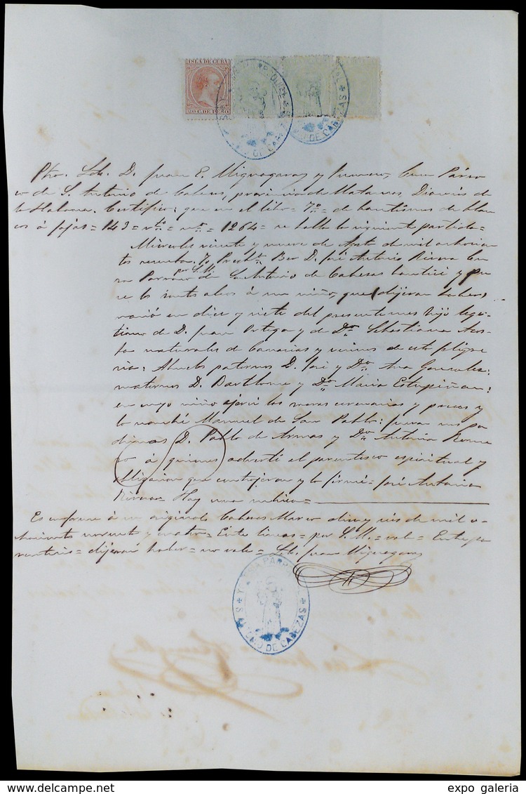 1894. Documento De La Iglesia Parroquial De San Antonio De Cabezas, Con Uso Sello Correos (127(3)+139) Como Uso Fiscal - Cuba (1874-1898)