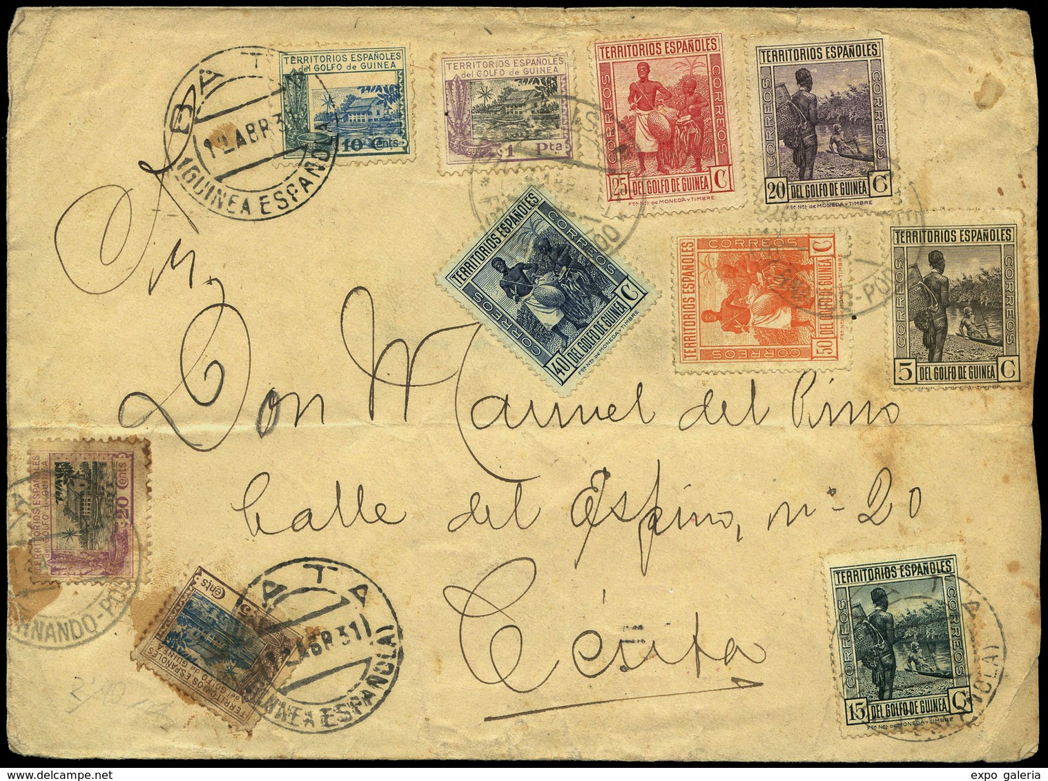 Ed. 211-210+..... - Carta Cda De Bata A Ceuta Con 10 Sellos Distintos De Guinea. Muy Rara Carta No Filatélica - Spanish Guinea