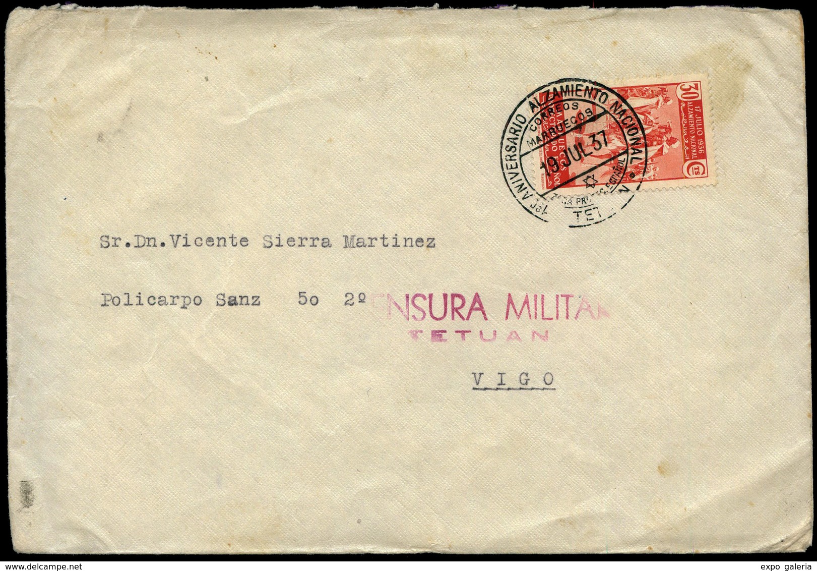 Ed. 176 - 1937. Carta Cda De Tetuan A Vigo. Mat. Especial “1º Aniversario Alzamiento Nacional 19/Jul/37” - Spanish Morocco