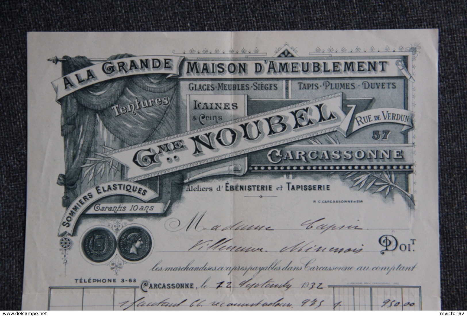 Facture Ancienne - CARCASSONNE - Gme NOUBEL, " A La Grande Maison D'Ameublement ". - 1900 – 1949