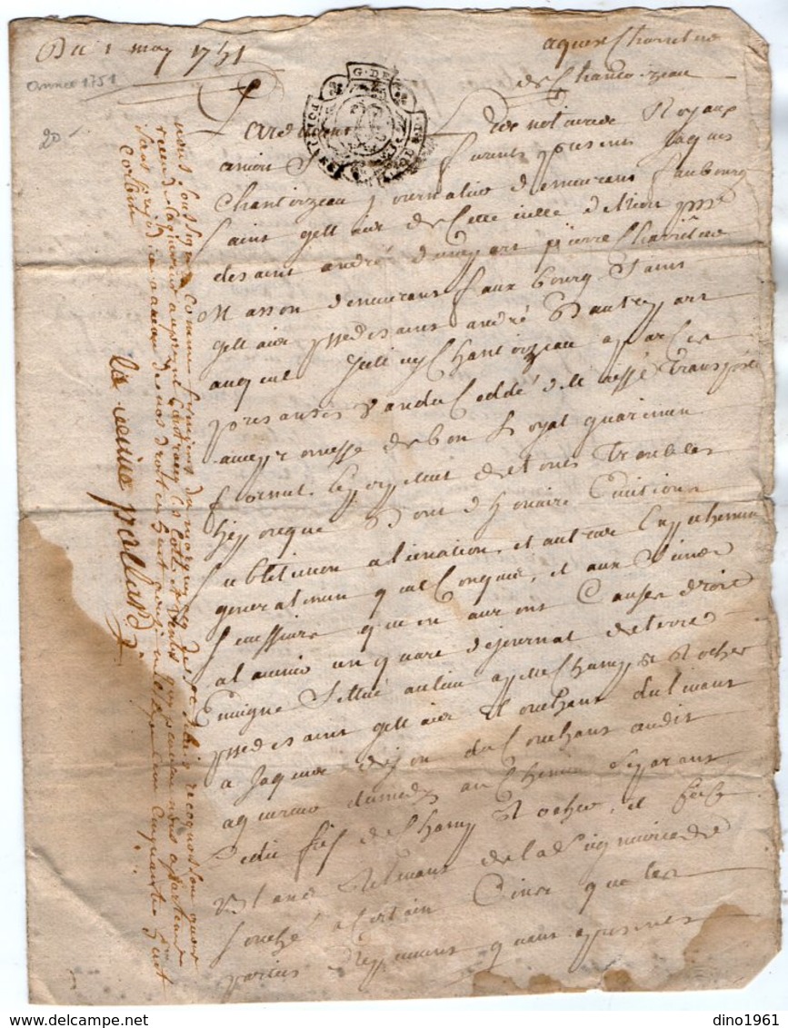 VP13.279 - Cachet Généralité De POITIERS - Acte De 1751 à Déchiffrer - Cachets Généralité