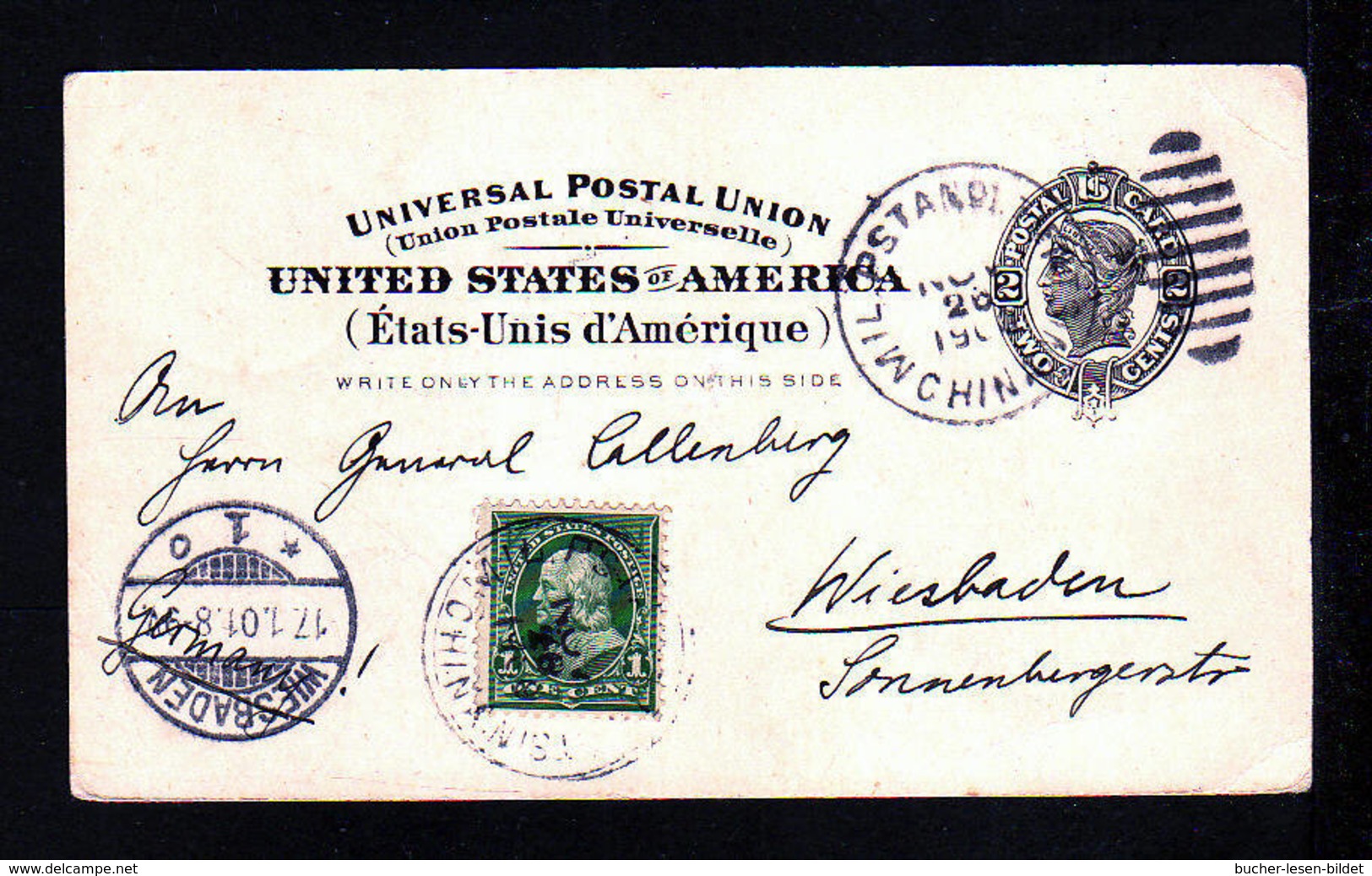 1901 - USA-Ganzsache Mit Zufrankatur Aus TIENTSIN Mit Aufgabestempel Der US-Post - Nach Wiesbaden - Lettres & Documents