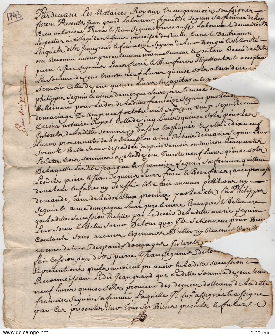VP13.281 - Cachet Généralité De LIMOGES - Acte De 1743 - Quittance - RUELLE SUR TOUVRE à Déchiffrer - Seals Of Generality