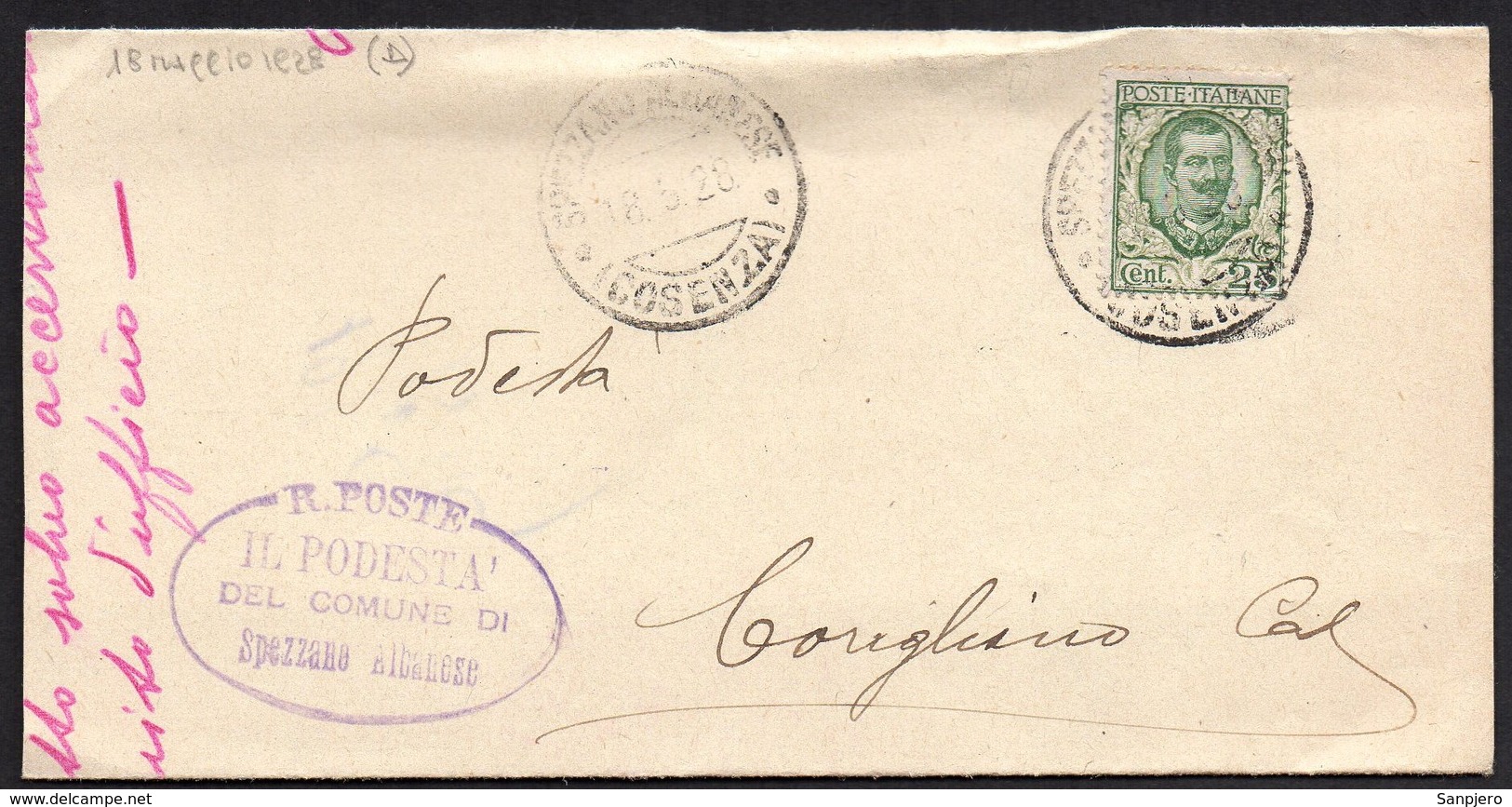 ITALY ITALIA ITALIEN 1928. Postal History Envelope Use By The Municipality SPEZZANO ALBANESE - Altri & Non Classificati