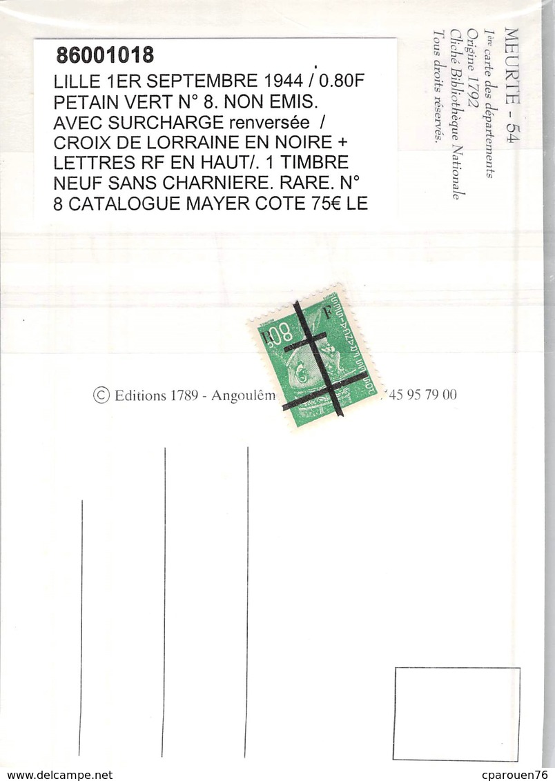 LIBERATION LILLE 1 09 44 TIMBRE NEUF 0F80 PETAIN VERT NON EMIS SURCHARGE CROIX DE LORRAINE NOIRE RF EN HAUT - Liberation