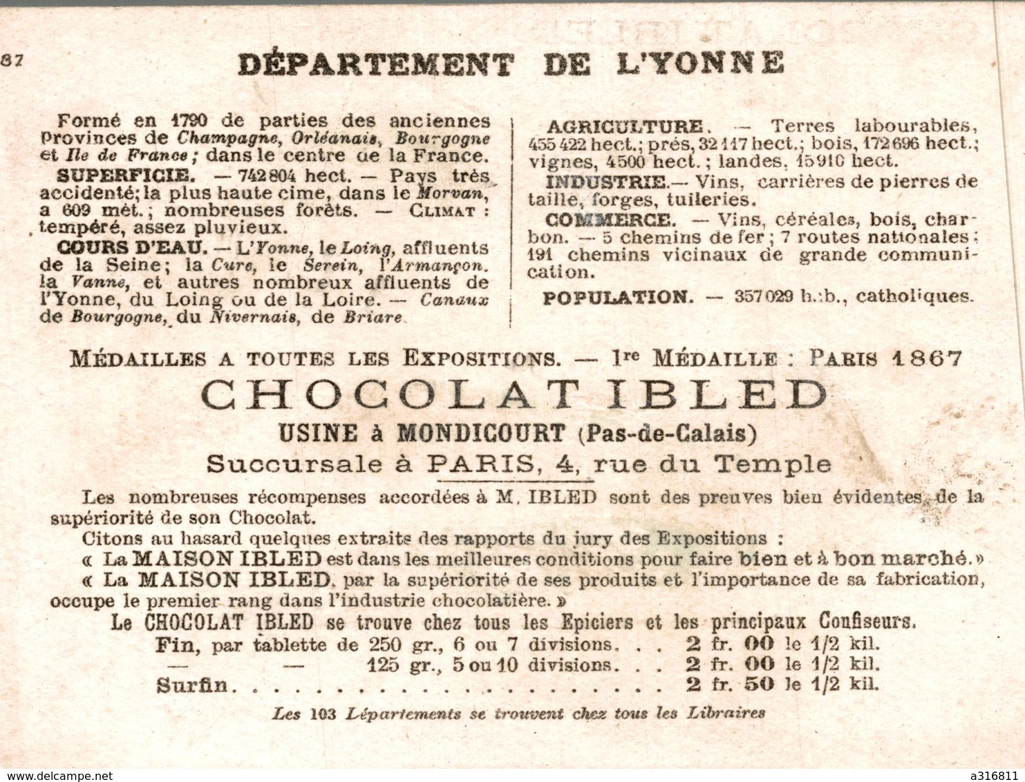 CHOCOLAT IBLED  DEPARTEMENT DE L YONNE - Ibled