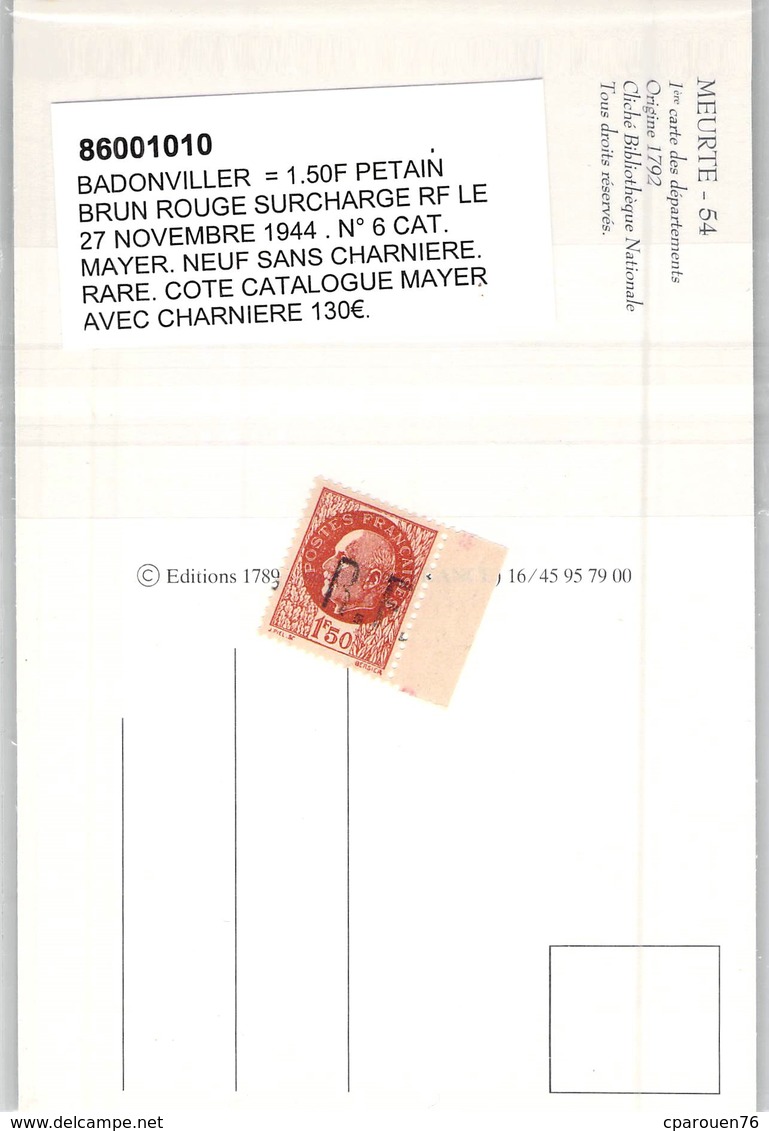 LIBERATION BADONVILLER TIMBRE NEUF 1F50 PETAIN BRUN ROUGE SANS CHARNIERE SURCHARGE RF DU 27 11 44 - Liberation