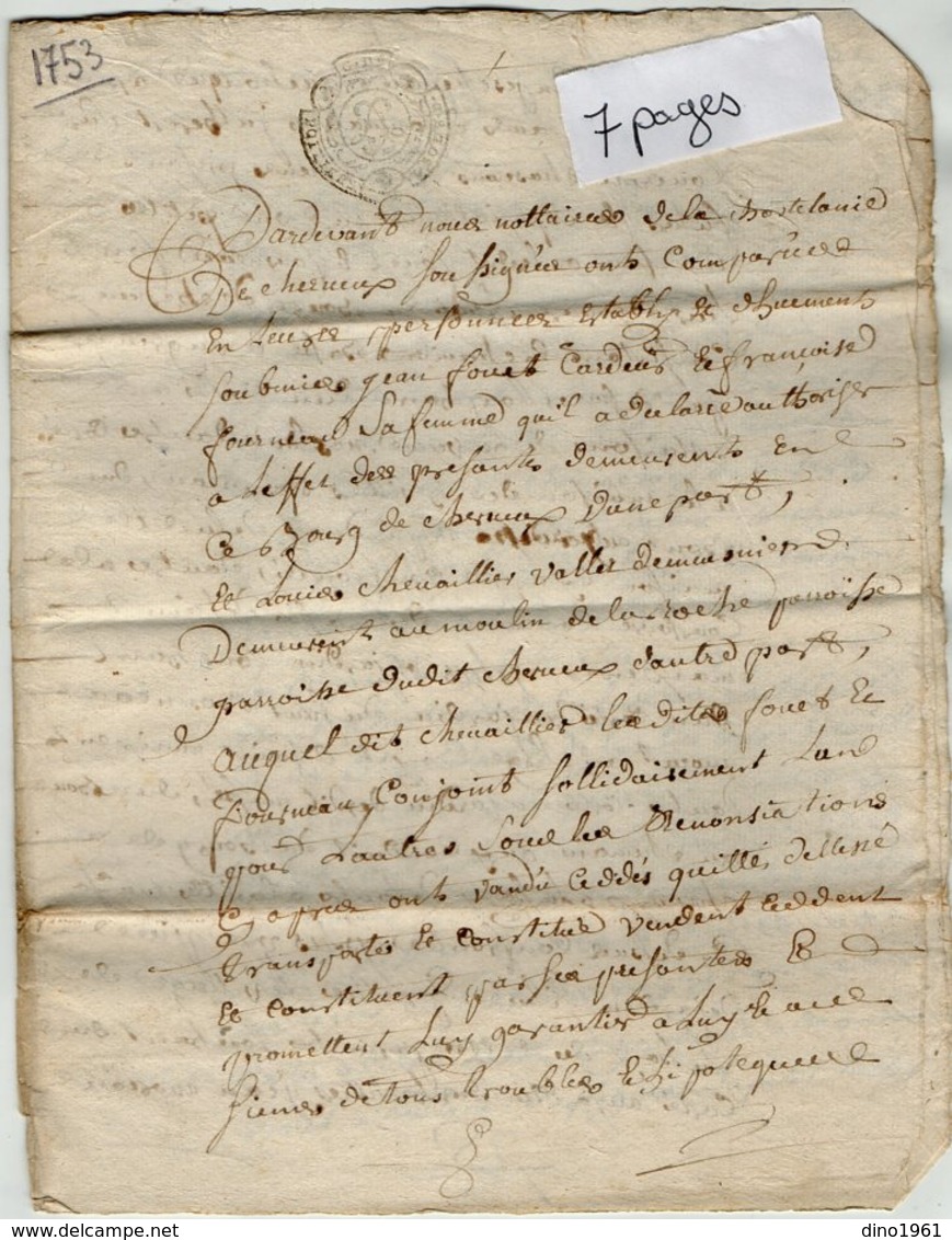 VP13.284 - Cachet Généralité De POITIERS - Acte De 1753 - Constitution De Rente Pour LOUIS ? Au Moulin De La Roche - Seals Of Generality