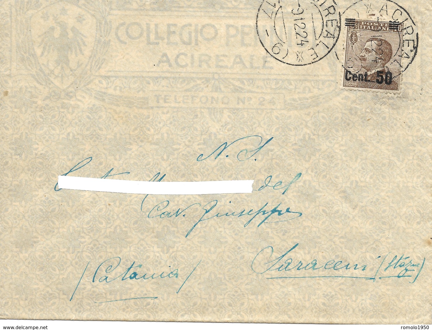 ACIREALE.LOTTO DI 6 LETTERE INTESTATE AL COLLEGIO PENNISI CON INTERESSANTI AFFRANCATURE DAL 1908 AL 1925. - Storia Postale