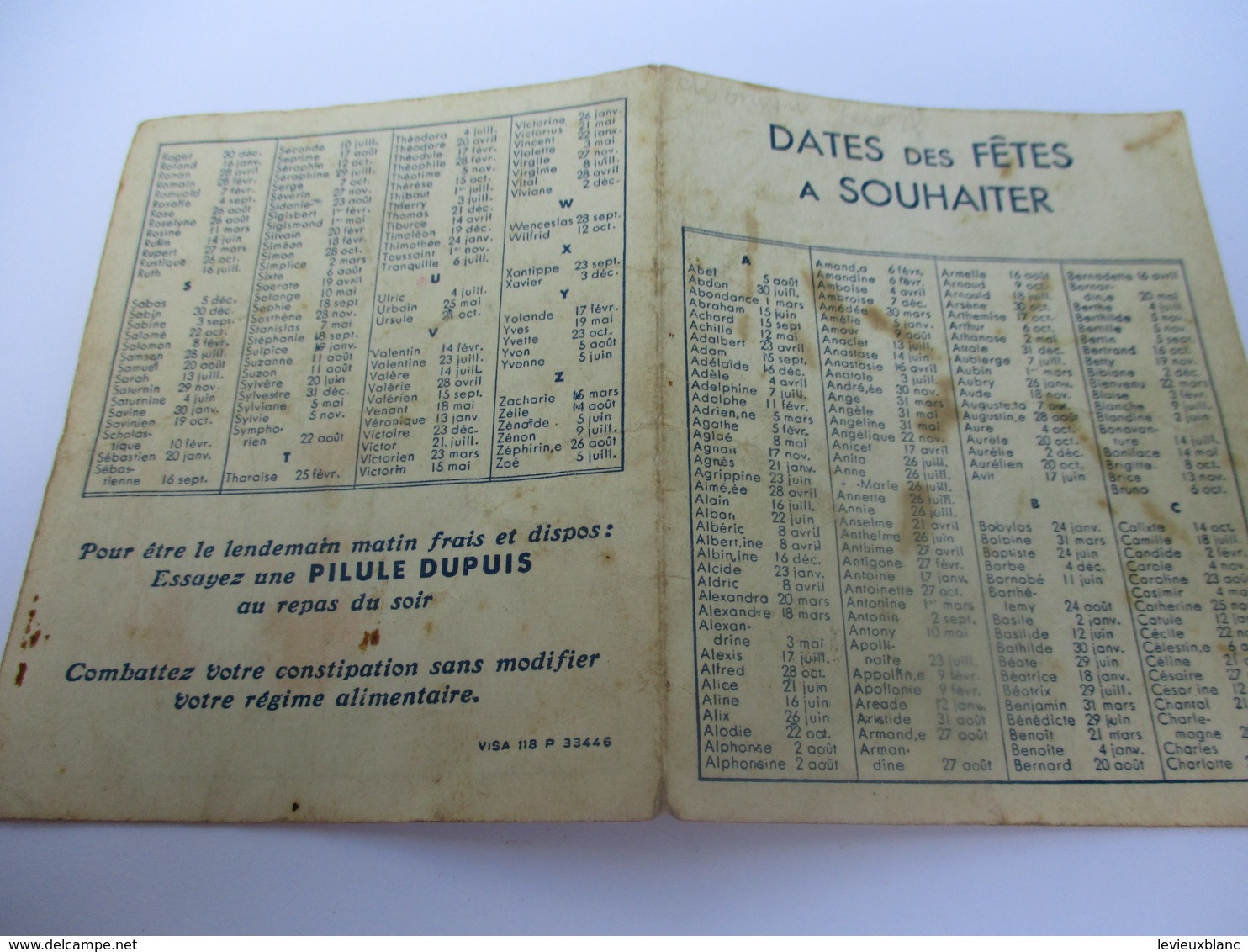 Calendrier De Poche à 2 Volets/Pharmacie/Pilule DUPUIS/  Dates Des Fêtes à Souhaiter/ Vers  1950               CAL423 - Altri & Non Classificati
