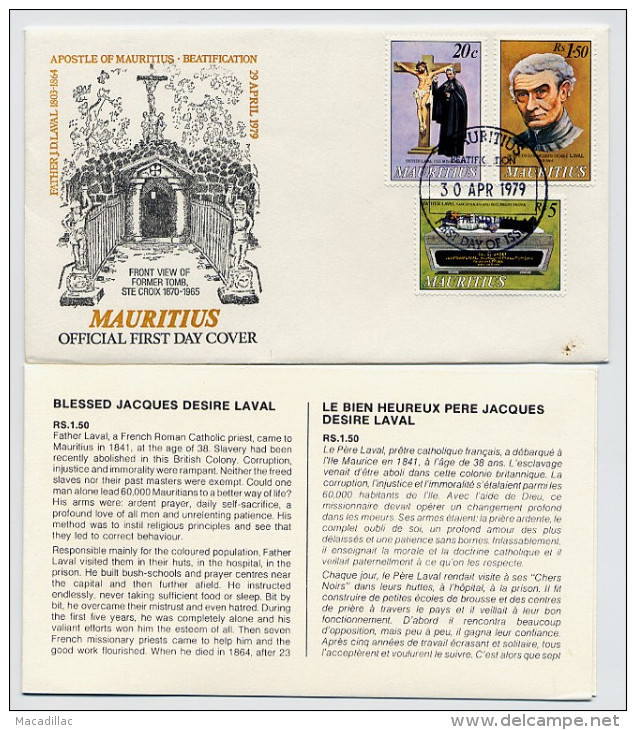 FDC - Mauritius Official First Day Cover - Le Bien Heureux Père  J.D LAVAL - Mauritius (1968-...)