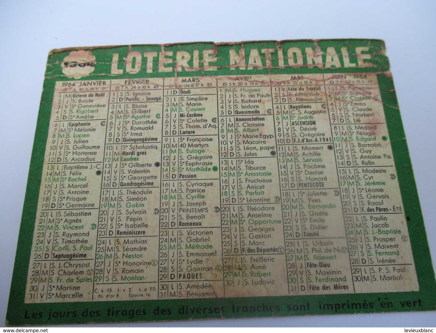 Calendrier De Poche à 1 Volet/LOTERIE NATIONALE/ Tirage Tous Les Mercredi/ 1964 CAL425 - Autres & Non Classés