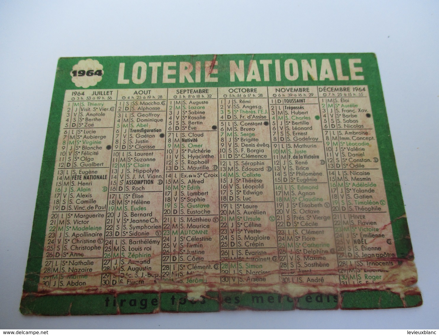 Calendrier De Poche à 1 Volet/LOTERIE NATIONALE/ Tirage Tous Les Mercredi/ 1964 CAL425 - Autres & Non Classés
