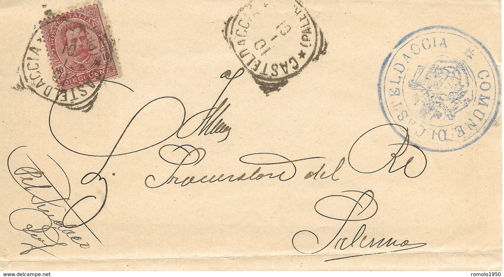 SOPRACOPERTA DI LETTERA AFFRANCATA CON C.10 CARMINO (UMBERTO I)ANN."CASTELDACCIA 10-1-01"BOLLO COMUNE CASTELDACCIA - Storia Postale