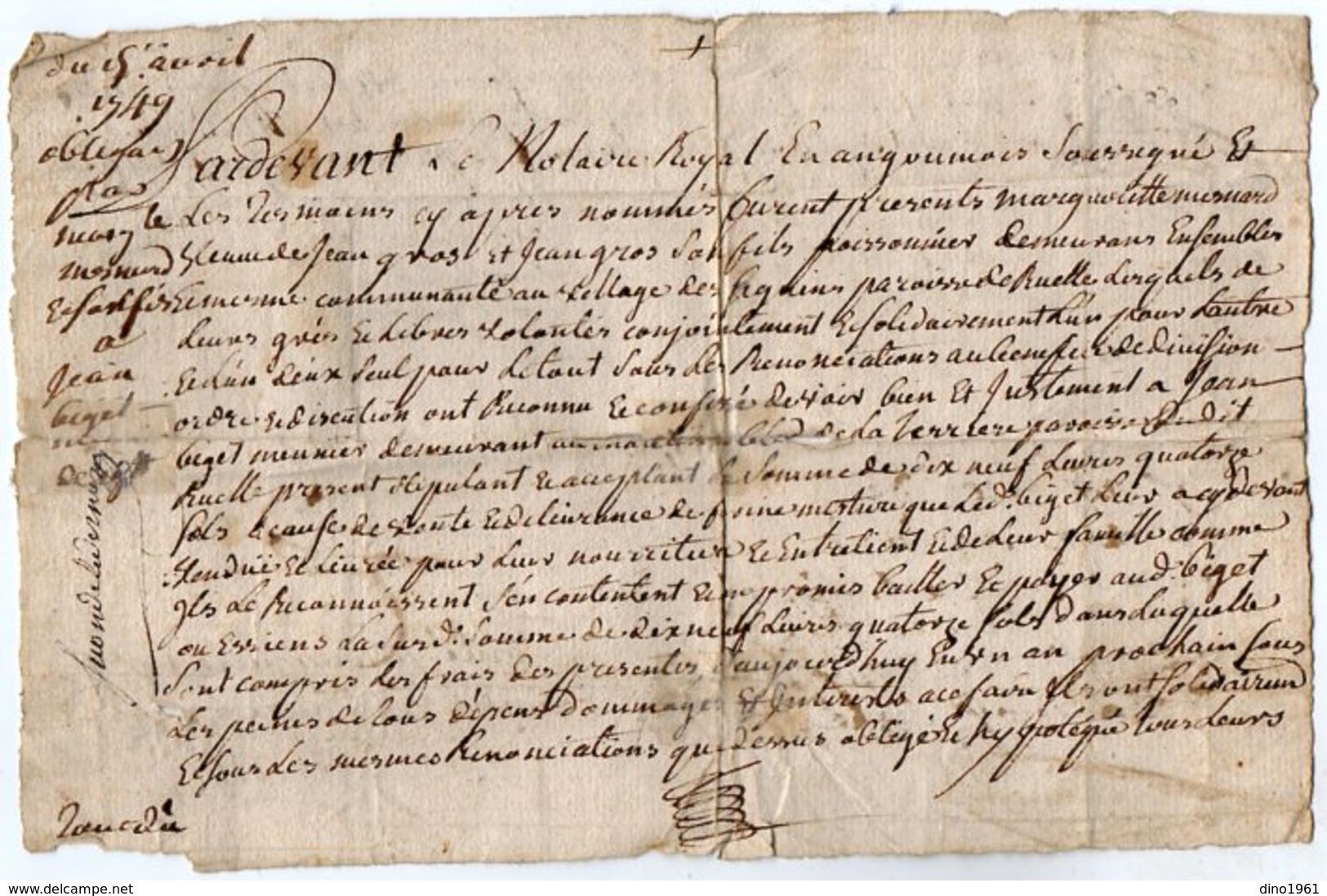 VP13.288 - Cachet Généralité De LIMOGES - Acte De 1749 - RUELLE SUR TOUVRE - Obligation à Déchiffrer - Cachets Généralité