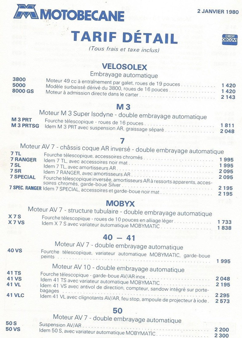 Doc  Motobecane  Tarif Detail  02.01.1980 Velo Solex - Autres & Non Classés