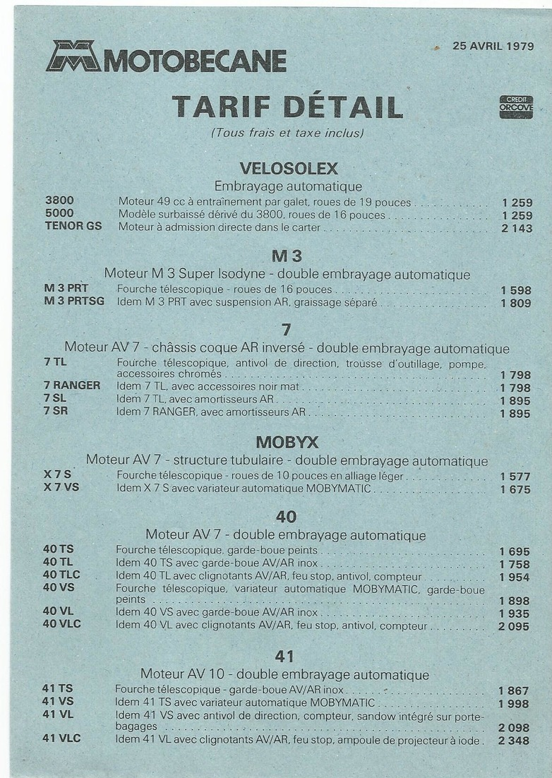 Doc  Motobecane  Tarif Detail 25.04.1979   Velo Solex - Autres & Non Classés
