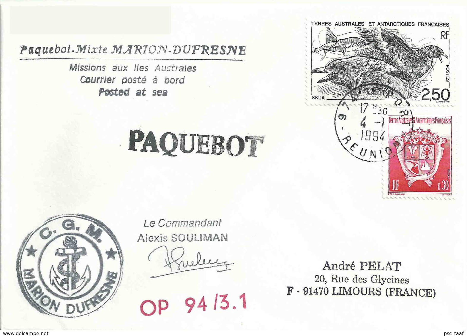 YT 172 - Armoiries - YT 176 - Skua - Départ Du Marion Dufresne De La Réunion - Lettres & Documents