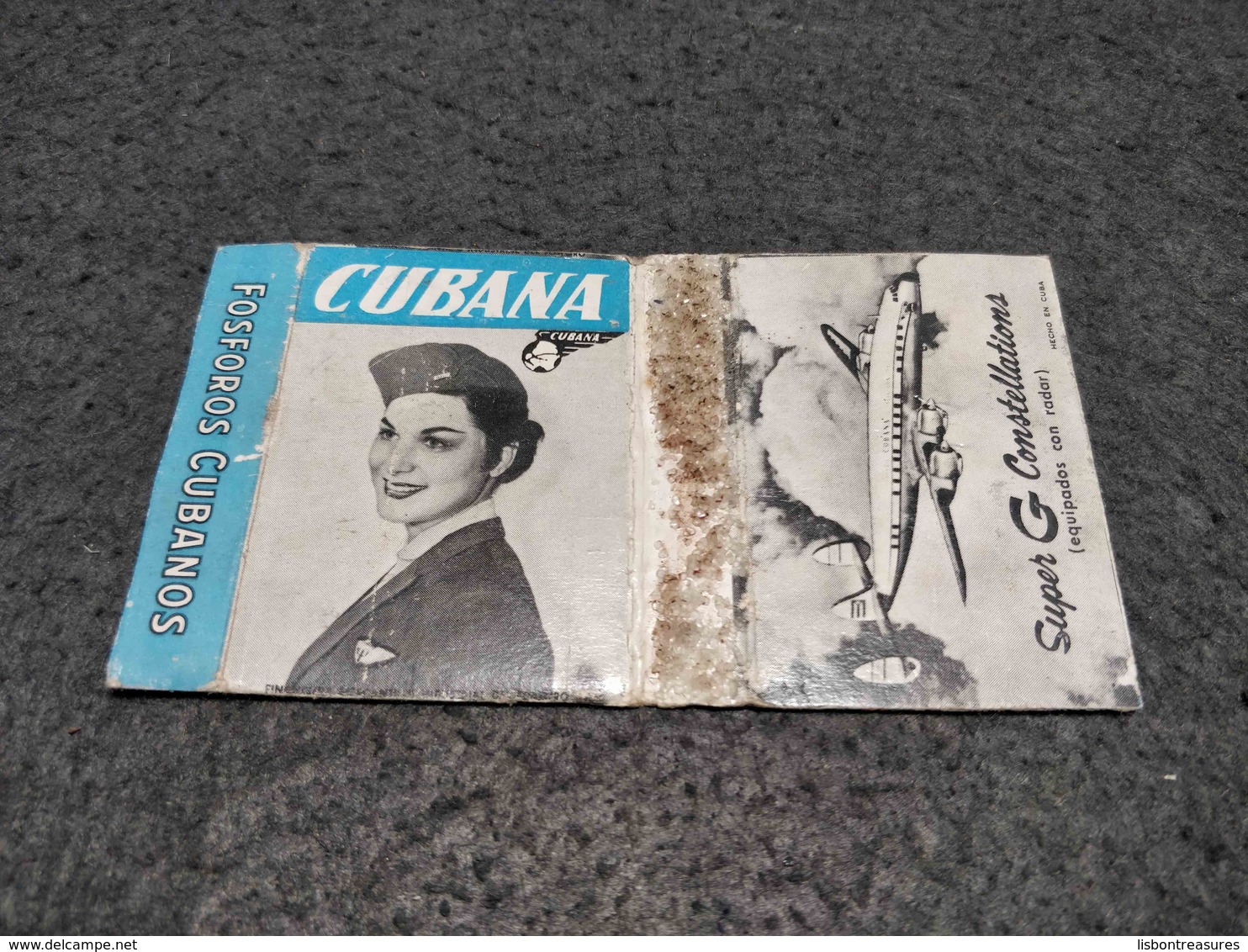 ANTIQUE MATCHBOX MATCHES LABEL ADVERTISING CUBANA AIRLINES W/ SUPER G CONSTELLATIONS PLANE CUBA - Boîtes D’allumettes