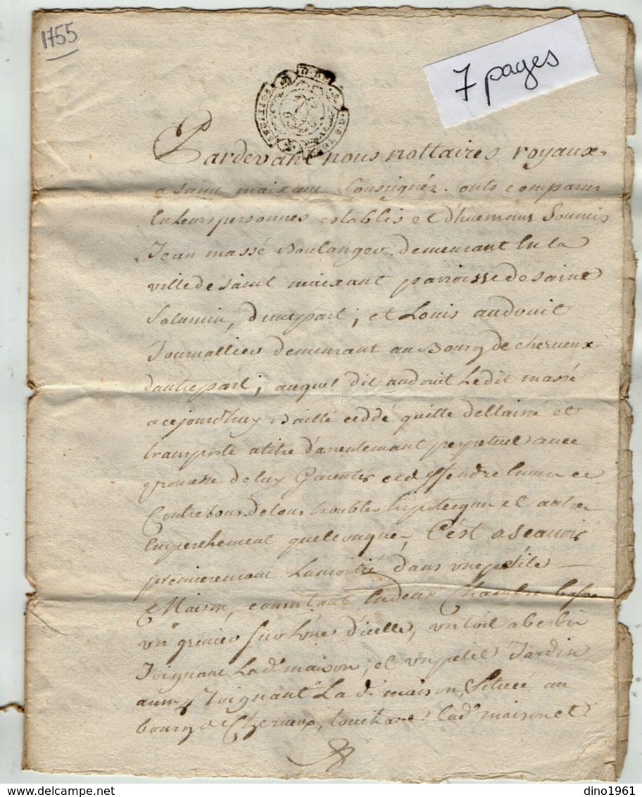 VP13.290 - Cachet Généralité De POITIERS - SAINT MAIXENT - Acte De 1755 à Déchiffrer - Cachets Généralité