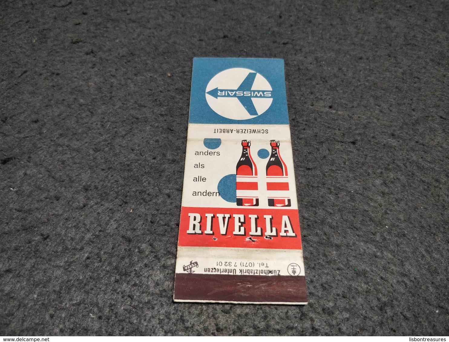 ANTIQUE MATCHBOX MATCHES LABEL ADVERTISING SWISSAIR AIRLINES W/ RIVELLA ADVERTISING SWITZERLAND - Luciferdoosjes