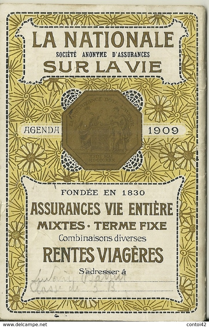 75 PARIS AGENDA 1909 ASSURANCE LA NATIONALE PUBLICITE CALENDRIER - Collections