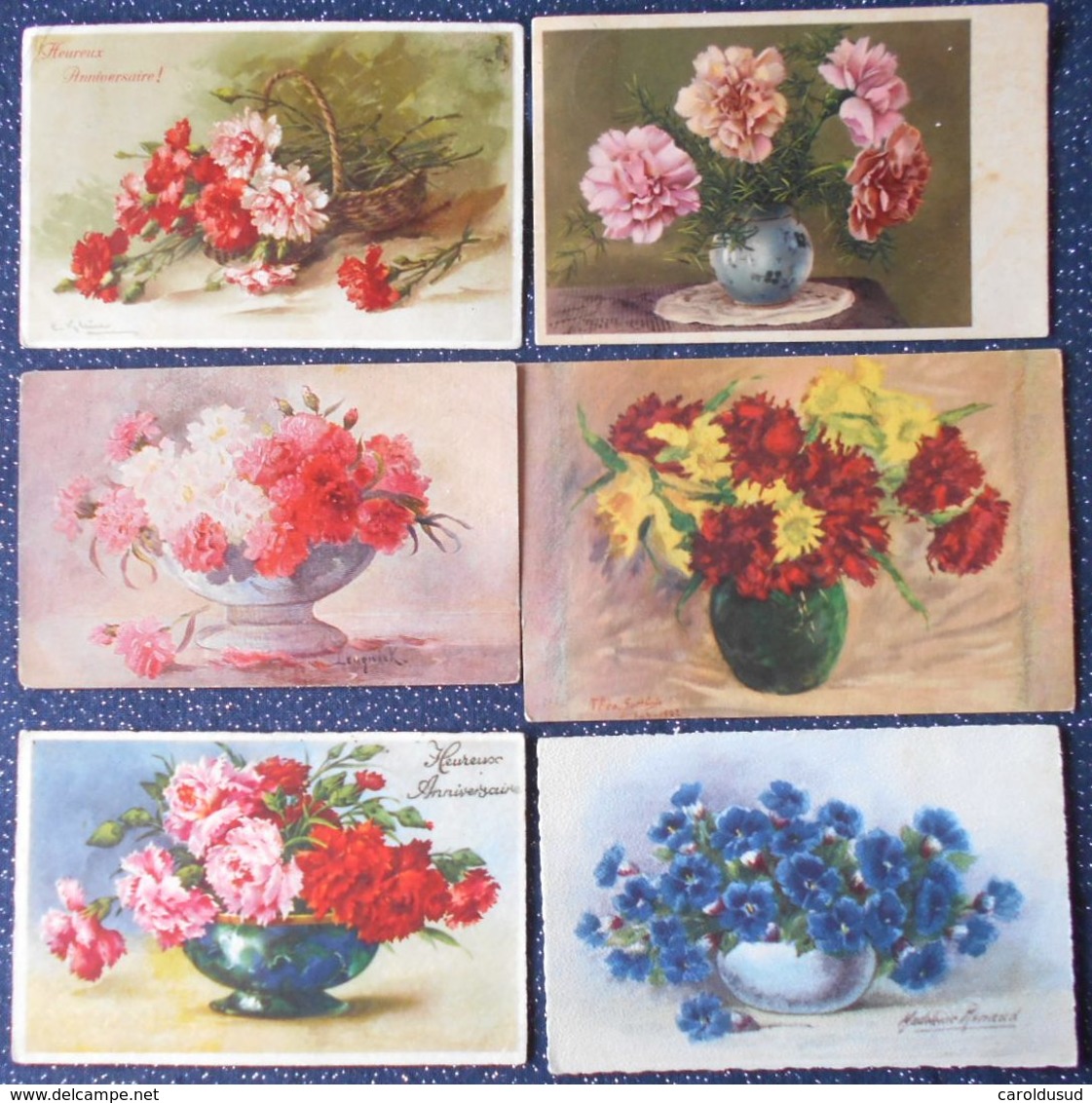 Cpa Lot 6x Litho Illustrateur  Klein Renaud Et Divers Fleurs  Fleur Oeillets Oeillet En Pot Vase - Collections & Lots