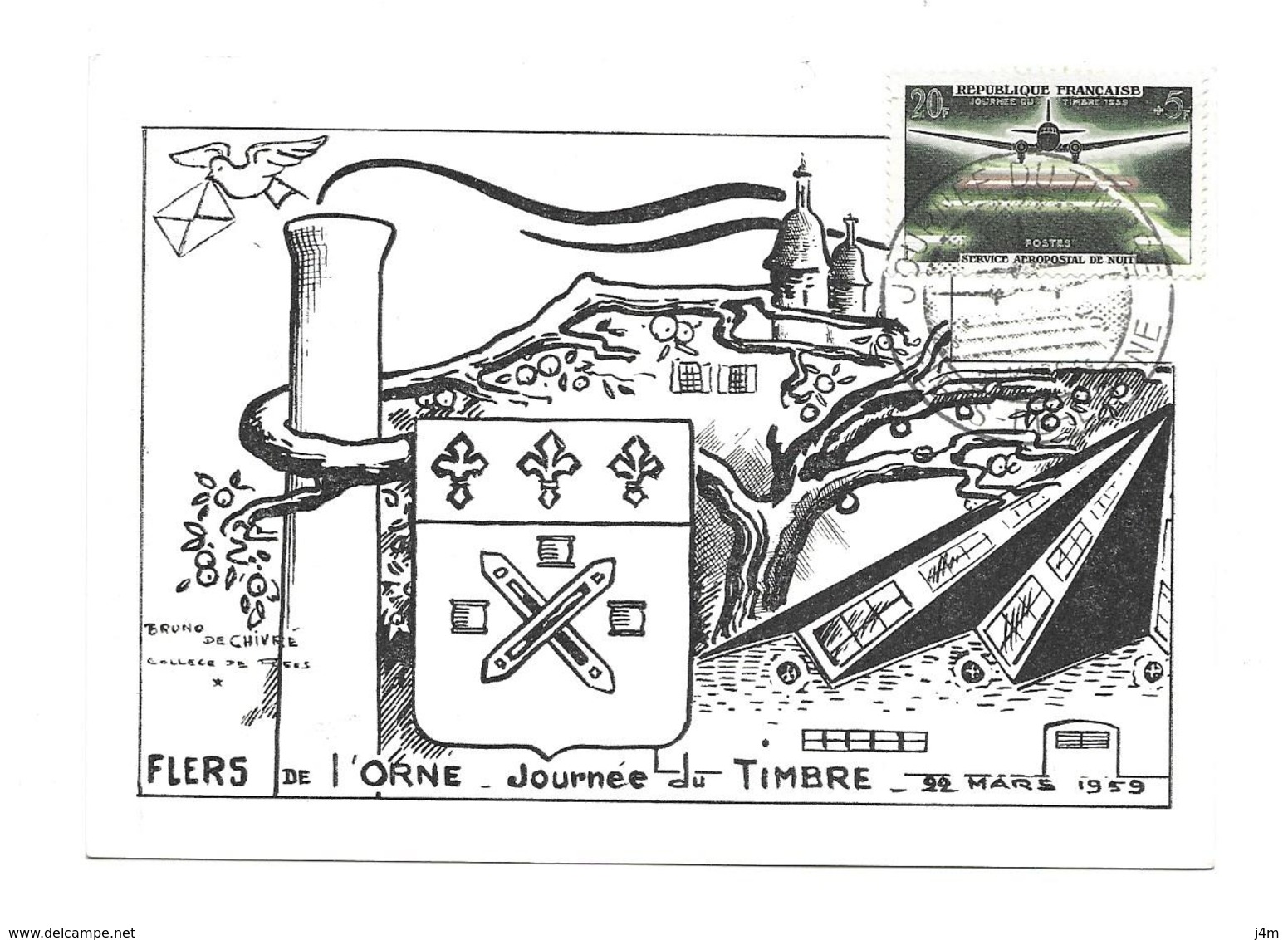 CARTE TIMBRE..JOURNEE Du TIMBRE à FLERS De L'ORNE (61), Service Aéropostal De Nuit..1959 - 1950-1959