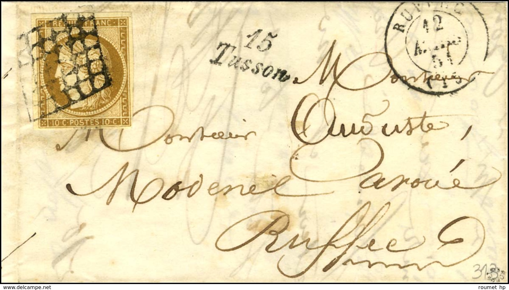 Grille Spéciale '' à Alvéoles '' / N° 1 Càd T 15 RUFFEC (15) Cursive 15 / Tusson Sur Lettre Locale. 1851. - SUP. - RR. - 1849-1850 Cérès