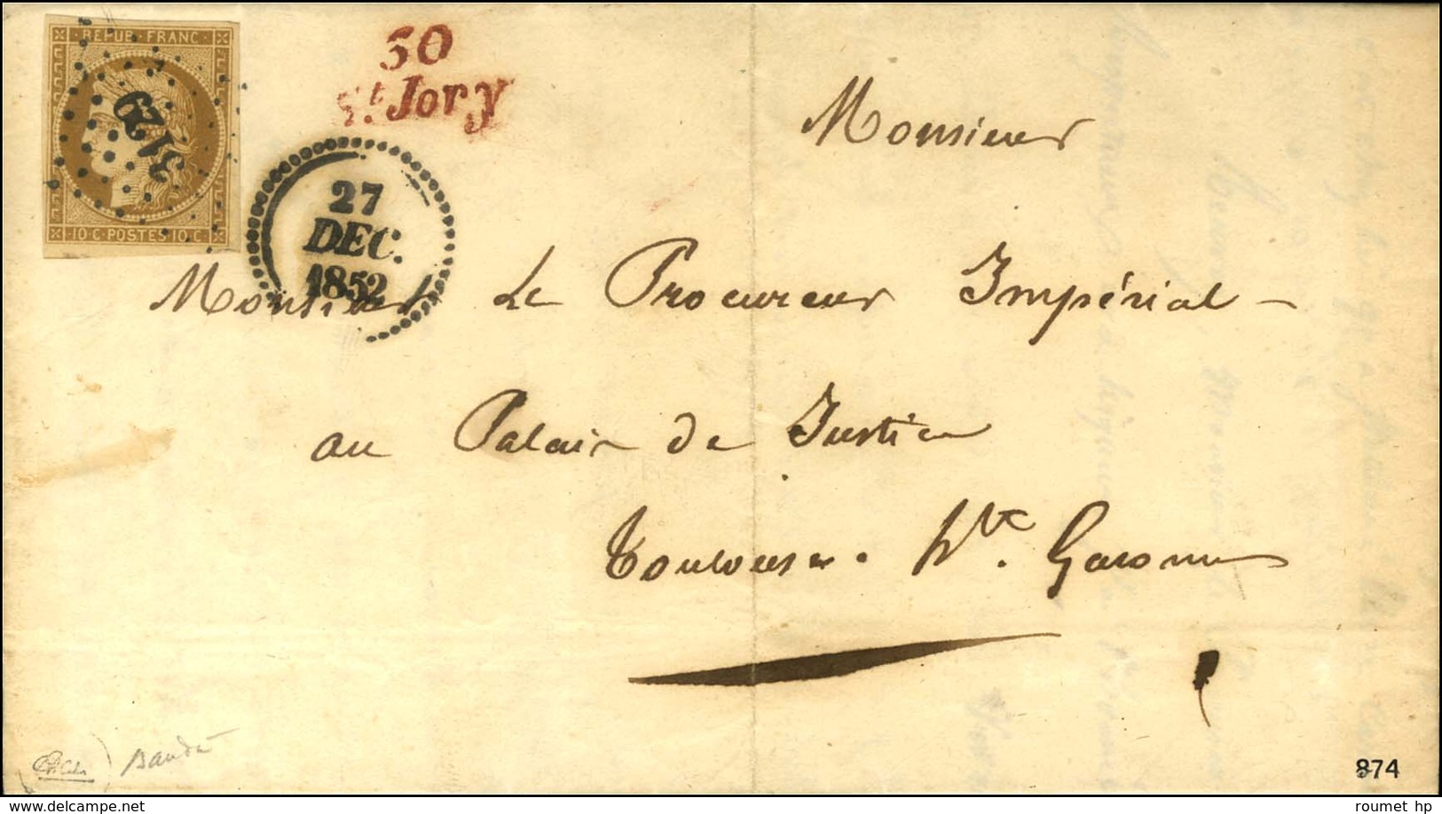 PC 3129 / N° 1 Bistre-brun, Belles Marges Cursive Rouge 30 / St-Jory Sur Lettre Locale Pour Toulouse, Dateur B. 1852. -  - 1849-1850 Ceres