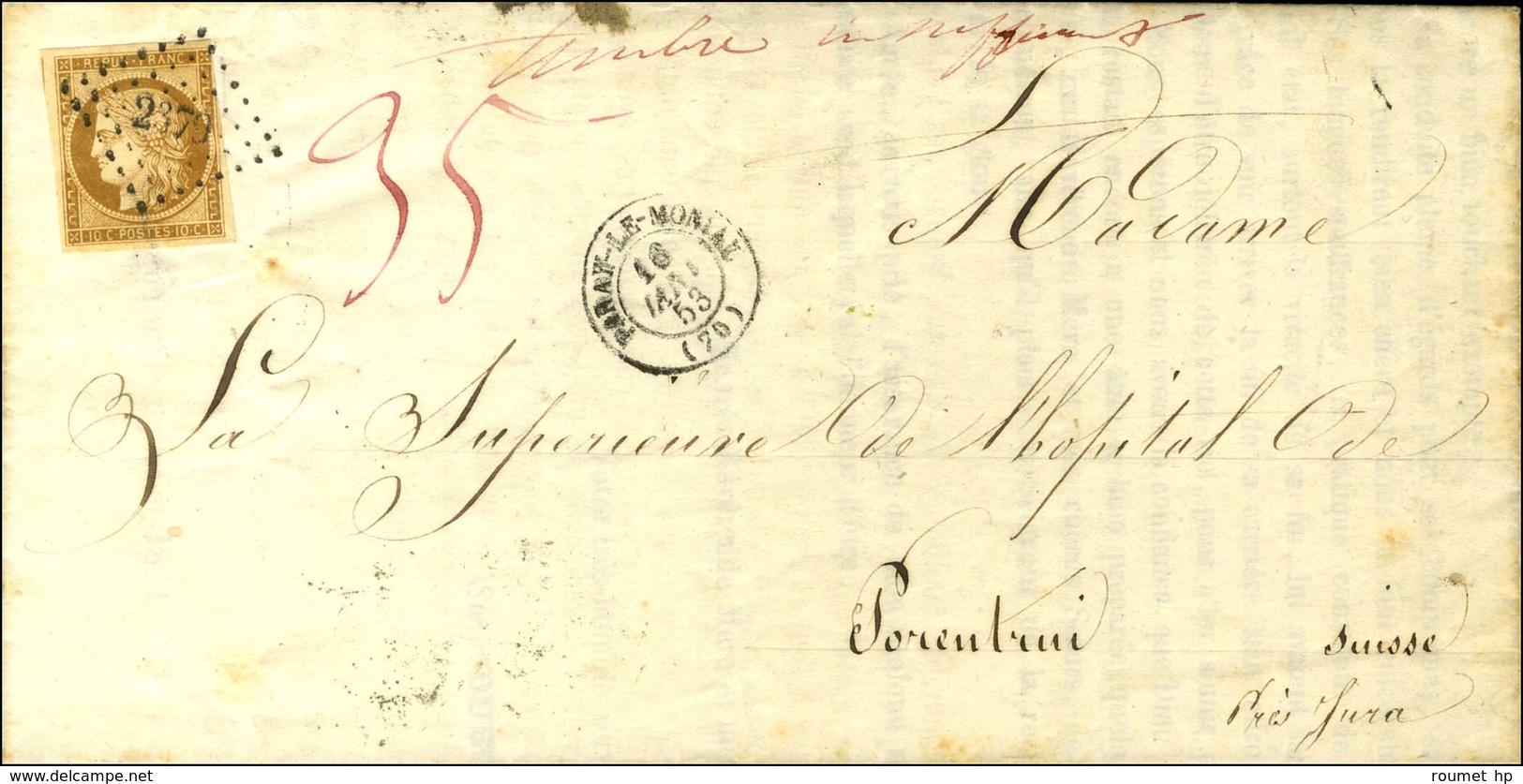 PC 2379 / N° 1 Leg Def Càd T 15 PARAY-LE-MONIAL (70) Sur Imprimé Complet Adressé à Porrentruy (Suisse) Taxé 35 Manuscrit - 1849-1850 Ceres