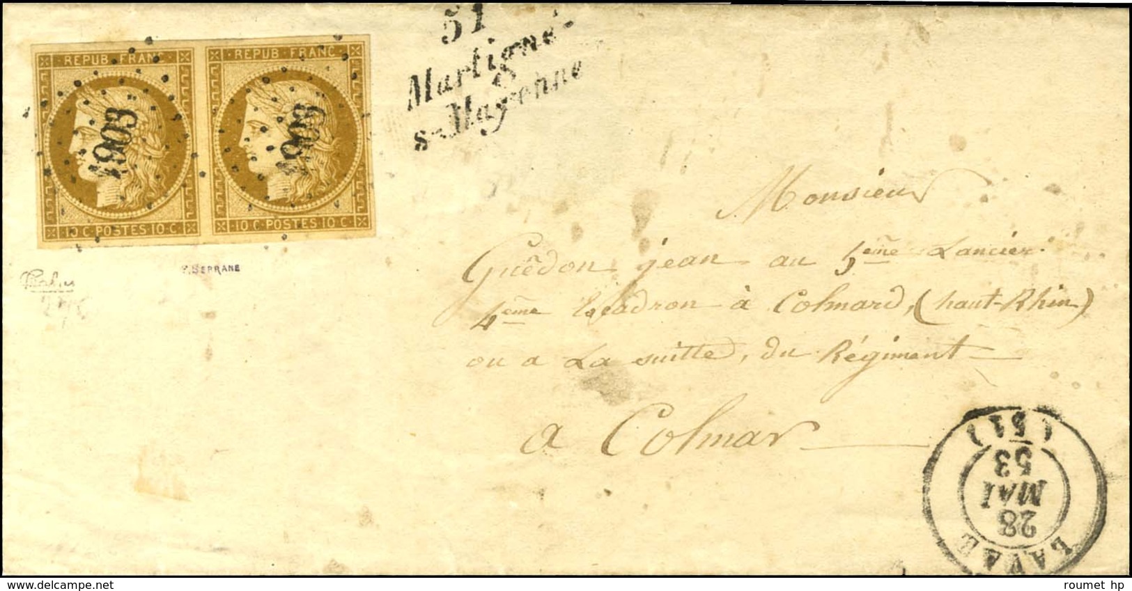 PC 1903 / N° 1 Paire, Belles Marges Càd T 15 LAVAL (51) 28 MAI 53 Cursive 51 / Martigné- / S-Mayenne Sur Lettre Adressée - 1849-1850 Ceres