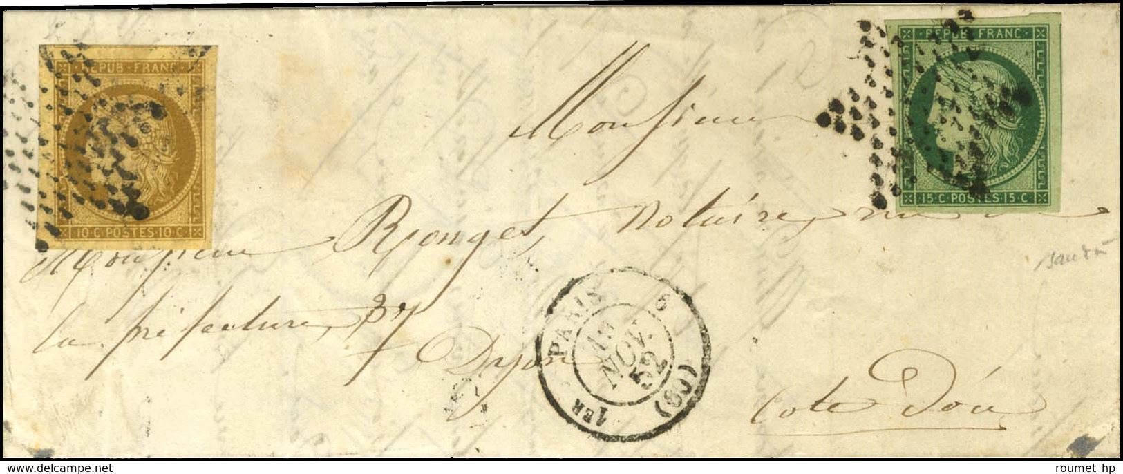 Etoile / N° 1 + N° 2 Vert Très Foncé, Les 2 Ex. Avec Superbes Marges Càd PARIS (60) Sur Lettre Au Tarif Territorial Pour - 1849-1850 Ceres