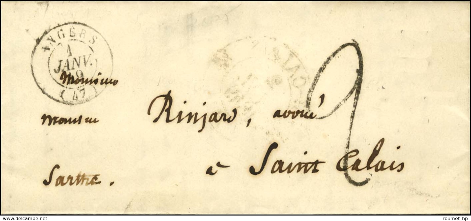 Càd T 15 ANGERS (47) 1 JANV. 49 Taxe Tampon 2 Sur Lettre Pour Saint Calais, Au Verso Càd T 12 St CALAIS (71) 2 JANV. 184 - 1849-1850 Ceres