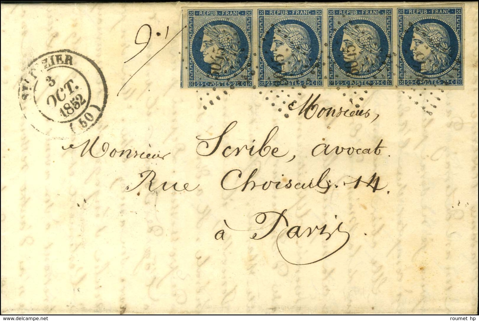 PC 3045 / N° 4 Bande De 4, Belles Marges Càd T 14 St DIZIER (50). 1852. - SUP. - R. - 1849-1850 Ceres