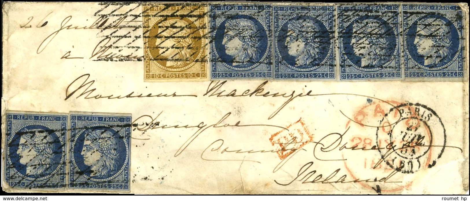 Grille Sans Fin / N° 1 + 4 (6, 2 Ex. Def) Càd PARIS (60) Sur Lettre 2 Ports Pour L'Irlande. 1851. Exceptionnelle Combina - 1849-1850 Ceres