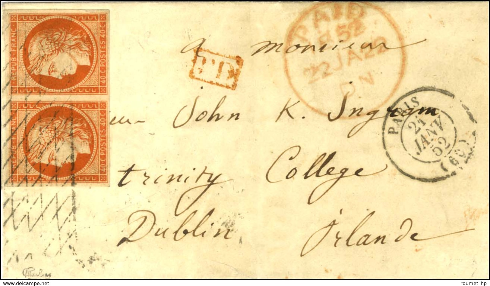 Grille Sans Fin / N° 5 Paire Belles Marges Càd PARIS (60) Sur Lettre Pour Dublin. 1852. - SUP. - R. - 1849-1850 Ceres