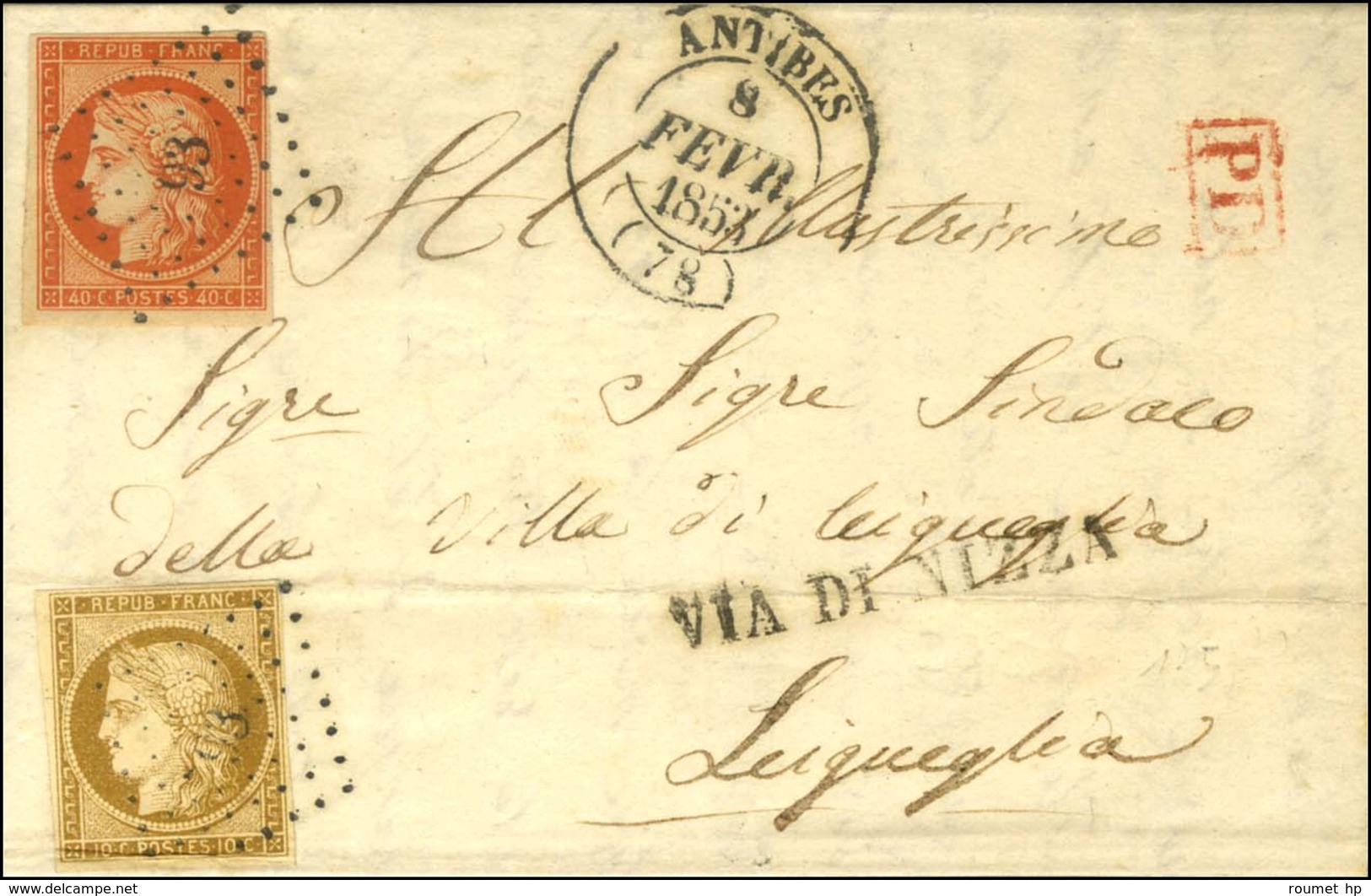 PC 93 / N° 1 Infime Froissure + N° 5 Càd T 14 ANTIBES (78) Sur Lettre Pour La Sardaigne, Au Recto Griffe VIA DI NIZZA. 1 - 1849-1850 Cérès