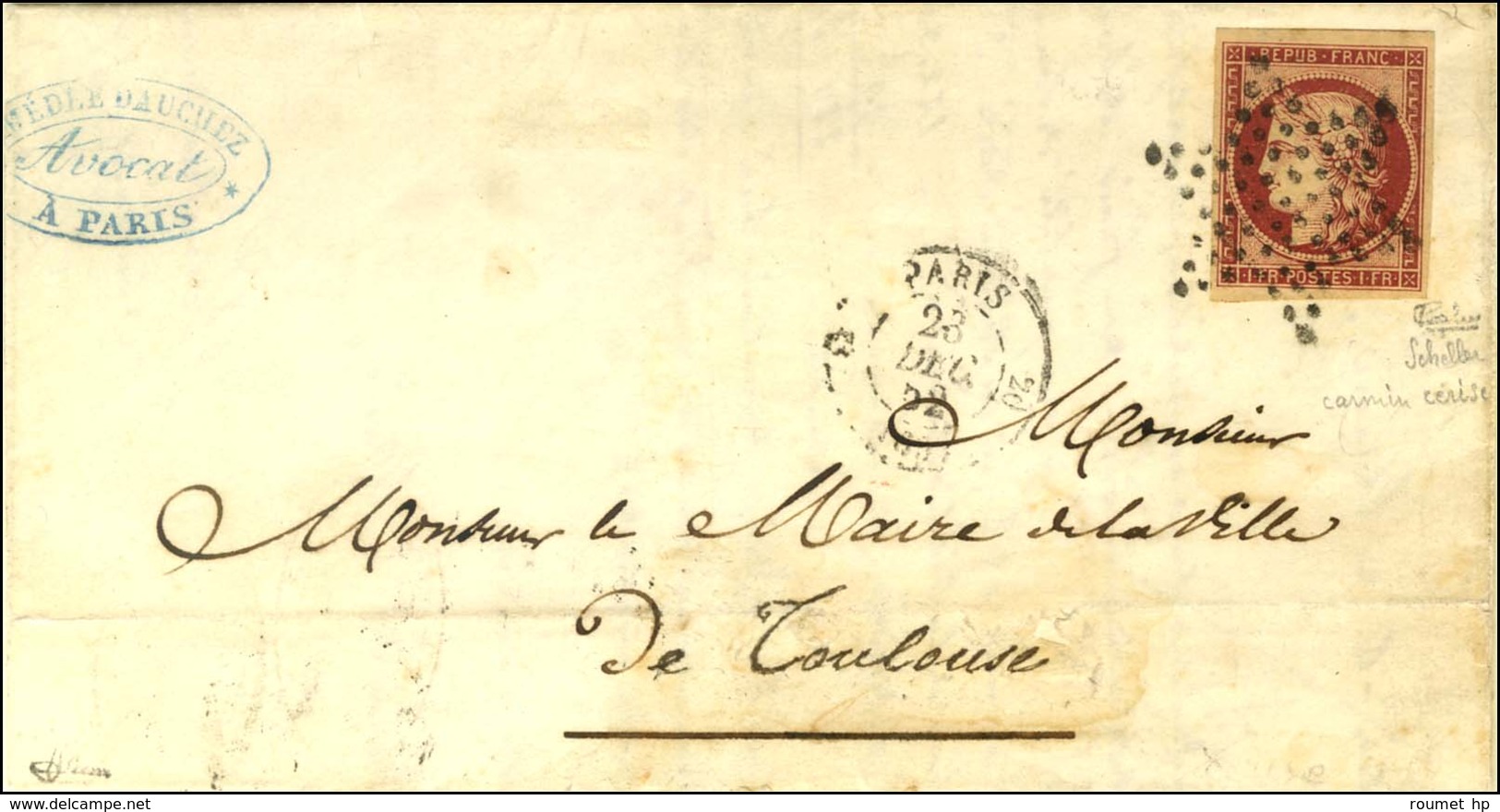 Etoile / N° 6 Nuance Carmin Cerise Belles Marges Càd PARIS (60) Sur Lettre 3 Ports Pour Toulouse. 1852. - SUP. - R. - 1849-1850 Ceres