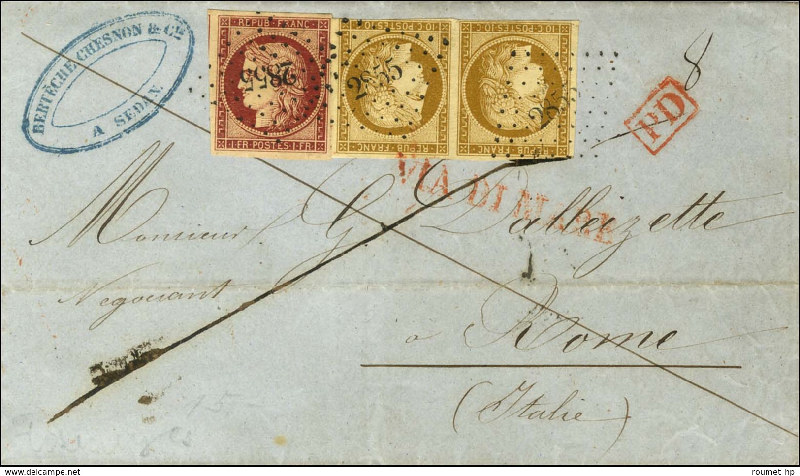 PC 2855 / N° 1 (paire, 1 Ex. Pd) + N° 6 Belles Marges Sur Lettre De Sedan Pour Rome, Au Verso Càd De Passage PARIS (60)  - 1849-1850 Cérès
