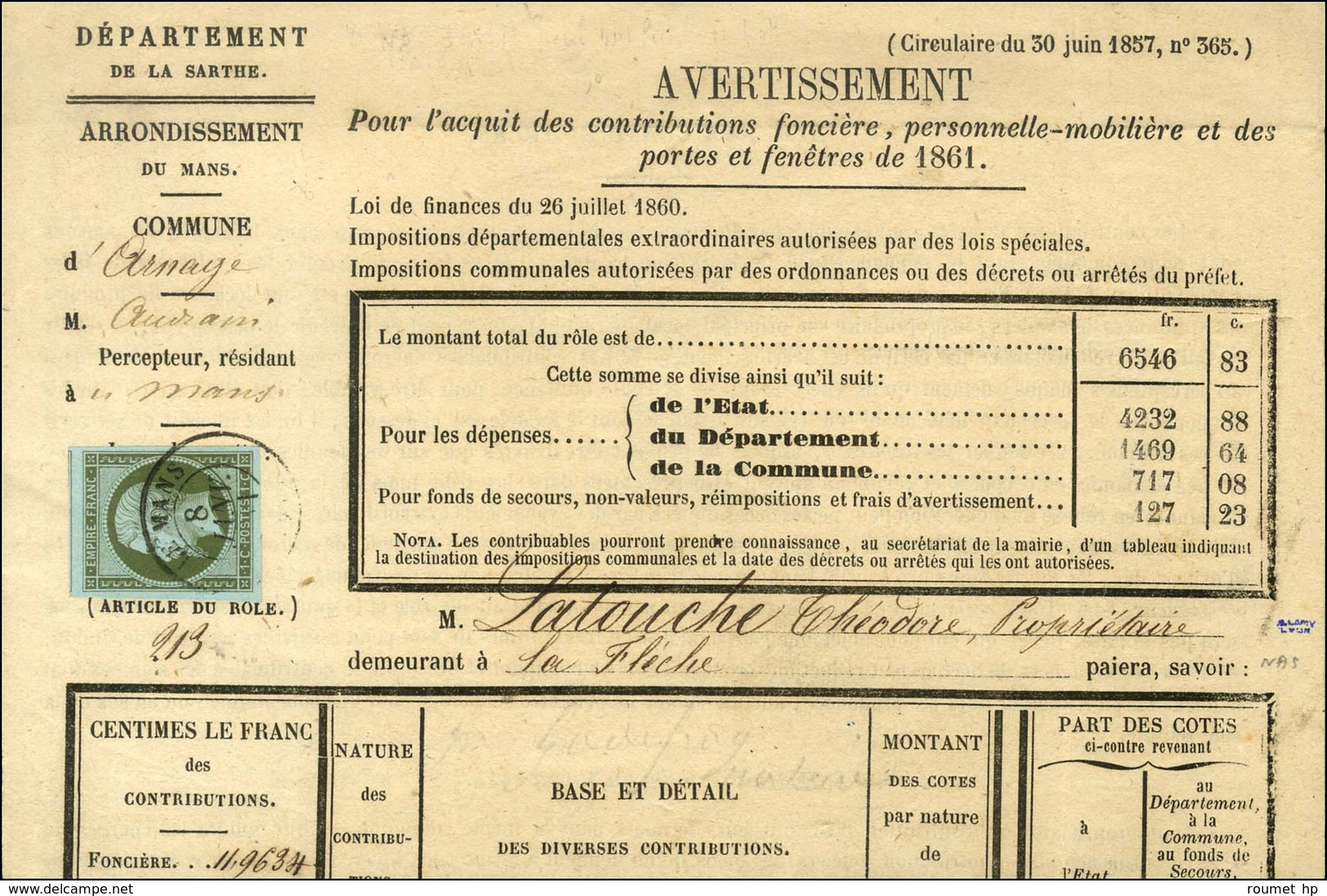 Càd T 15 LE MANS / N° 11 Superbes Marges Sur Avertissement. 1861. - TB / SUP. - 1853-1860 Napoleone III