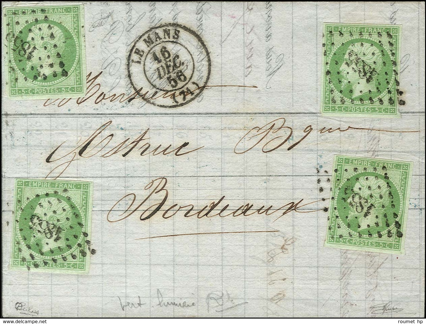 PC 1855 / N° 12 (4 Ex Aux 4 Coins Avec Très Rare Nuance Vert-lumière). Càd T 15 LE MANS (71). 1856. - TB / SUP. - R. - 1853-1860 Napoleone III