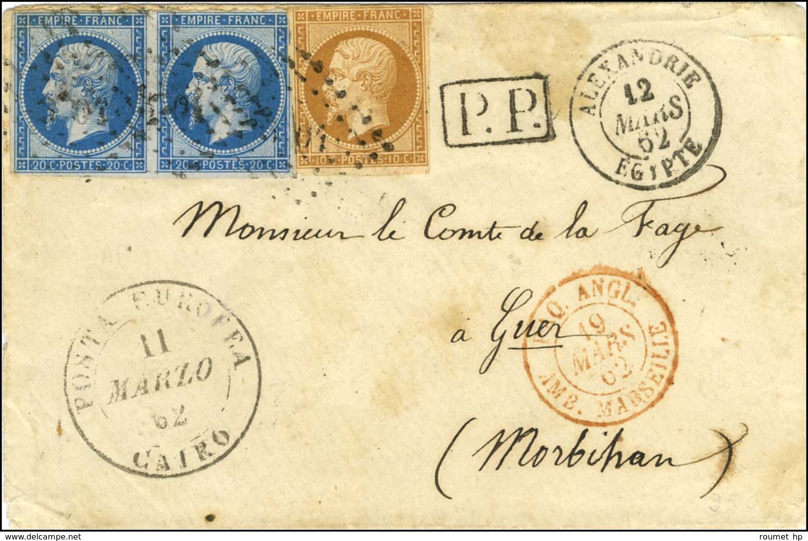 PC 3704 / N° 13 + 14 Paire Belles Marges Càd ALEXANDRIE / EGYPTE 12 MARS 62, Au Recto Grand Cachet POSTA EUROPEA / CAIRO - 1853-1860 Napoleone III