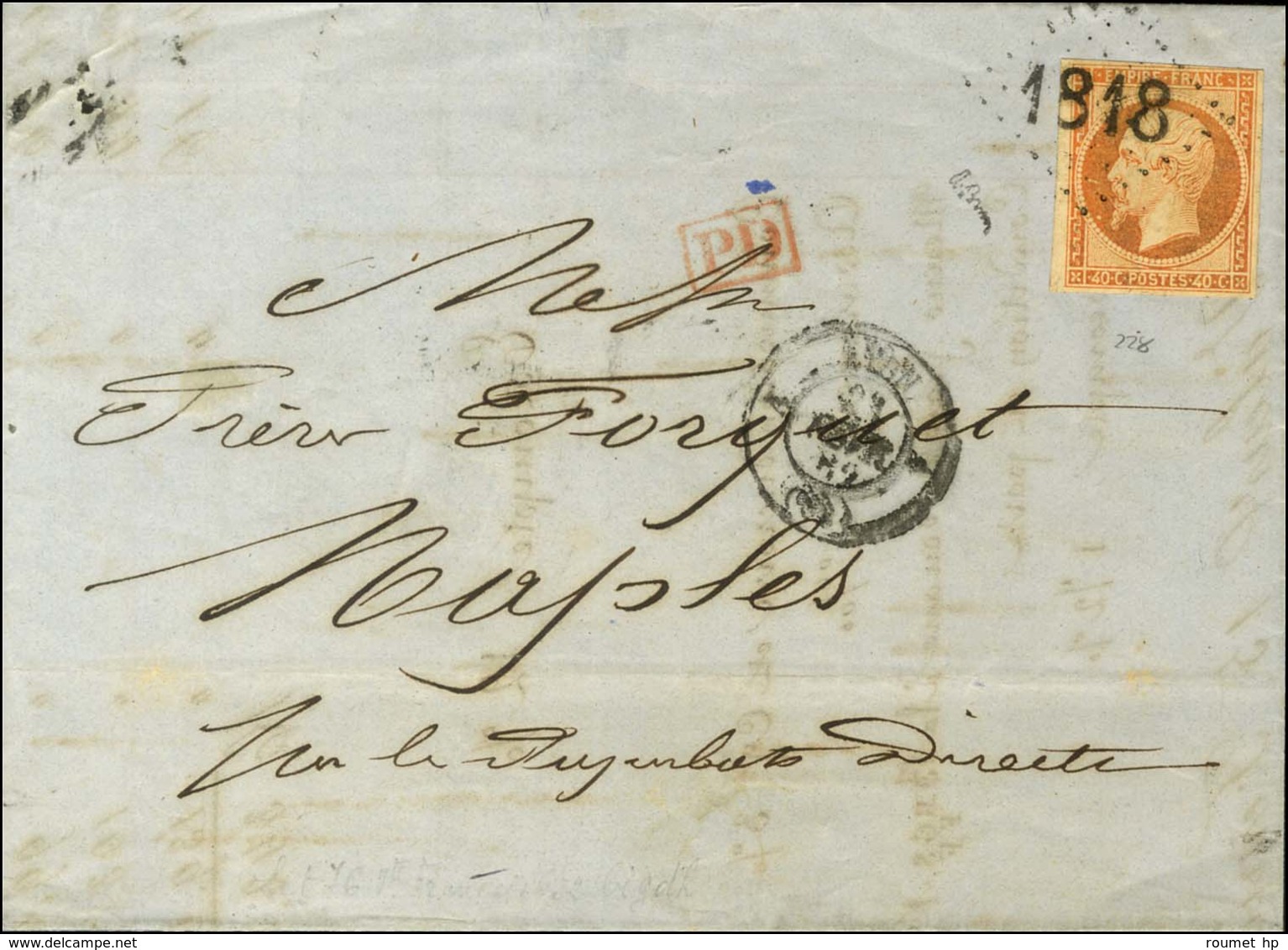 Essai De GC 1818 Bâton / N° 16 Càd A LYON A (68) 21 FEVR. 62 Sur Lettre Pour Naples. Très Rare Association Sur 40c. - TB - 1853-1860 Napoleone III