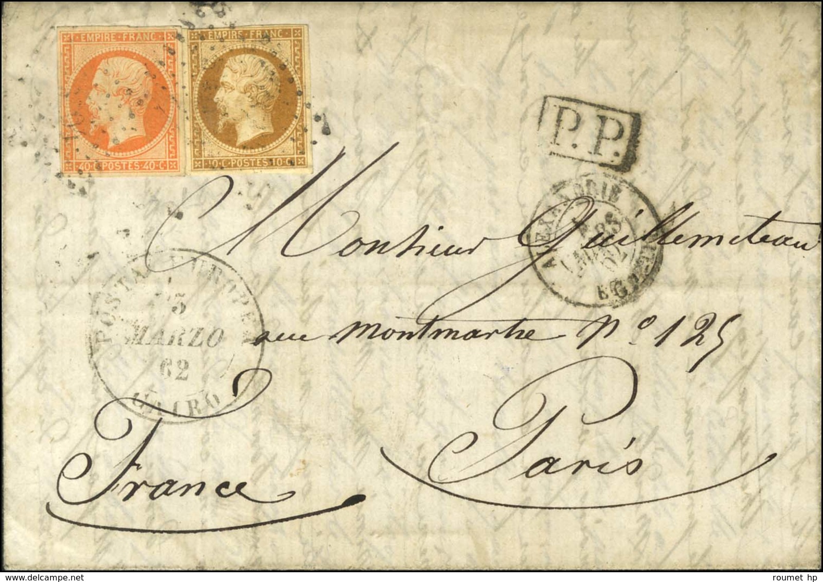 PC 3704 / N° 13 + 16 Càd ALEXANDRIE / EGYPTE 4 MARS 62, Au Recto Grand Cachet POSTA EUROPEA / CAIRO. - TB. - 1853-1860 Napoleone III