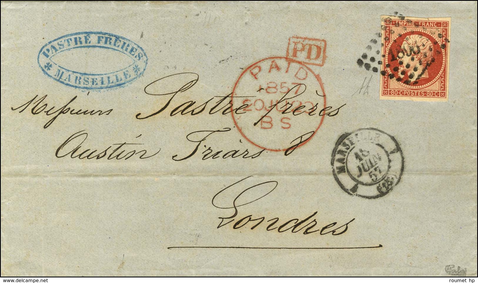 PC 1896 / N° 17 Nuance Vermillonée, Belles Marges Càd 4 MARSEILLE 4 (12) Sur Lettre 2 Ports Pour Londres. 1857. - SUP. - - 1853-1860 Napoléon III